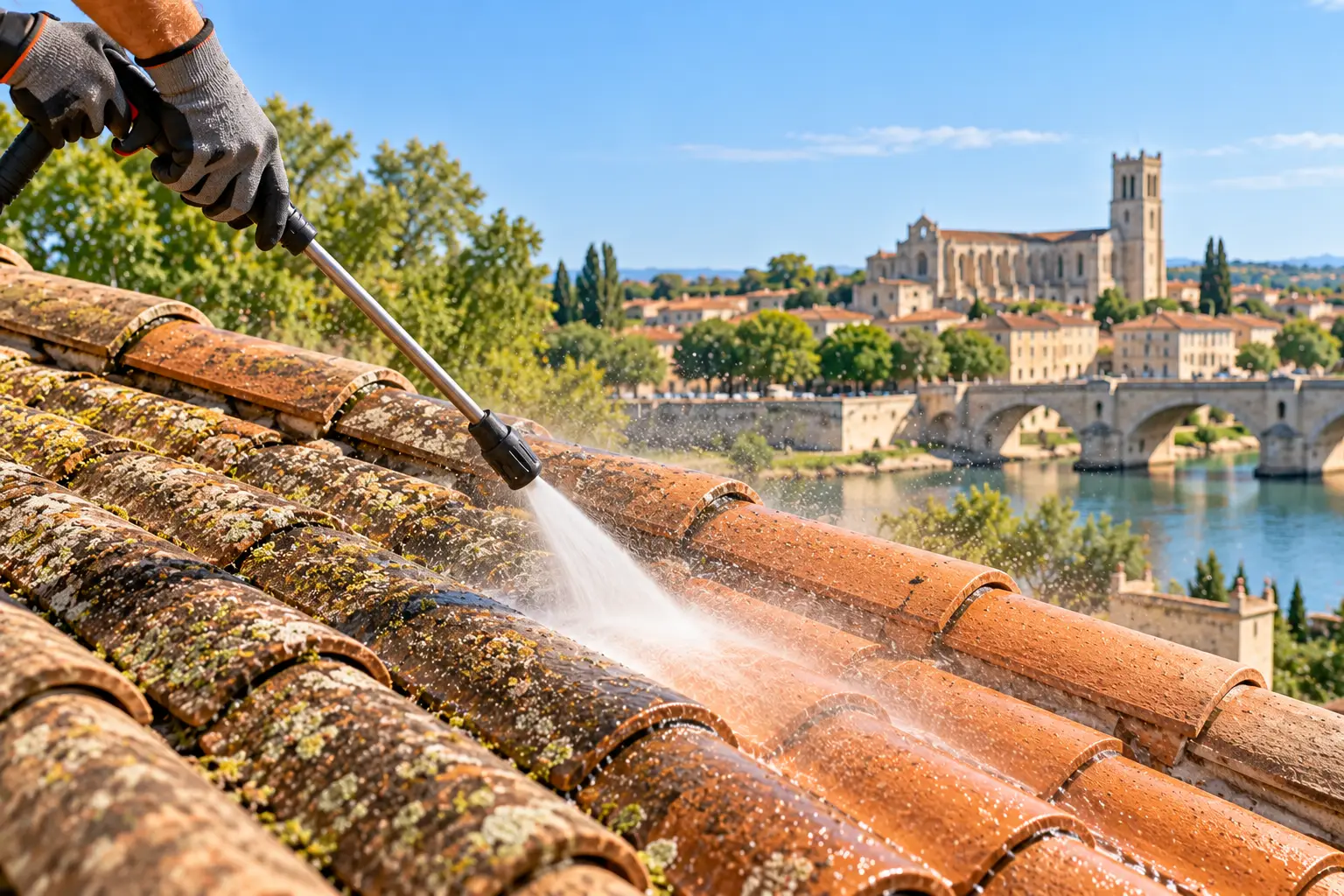 Nettoyage de tuiles provençales au jet d’eau